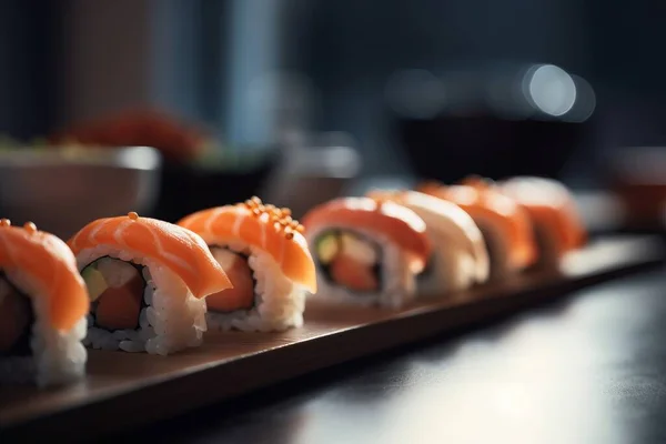 Set Sushi Wooden Board Japanese Restaurant Blurred Background High Quality Imagen De Stock