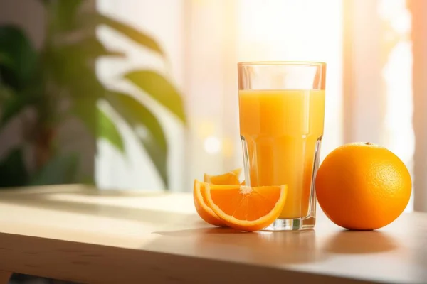 a glass of orange juice next to fresh oranges in a kitchen. Blurred background. High quality photo