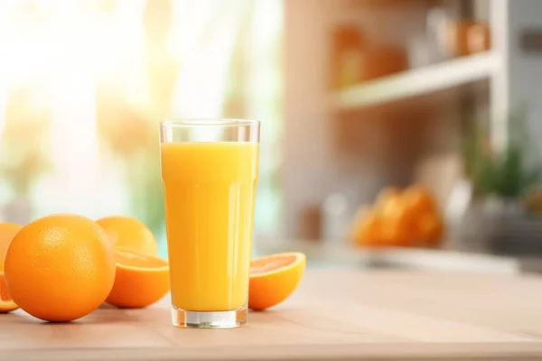 Glass Orange Juice Next Fresh Oranges Kitchen Blurred Background High Photos De Stock Libres De Droits