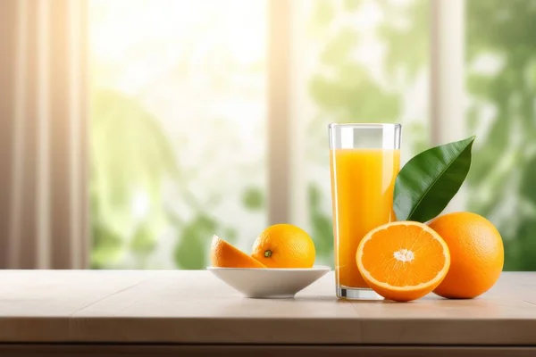 Glass Orange Juice Next Fresh Oranges Kitchen Blurred Background High Стокове Фото