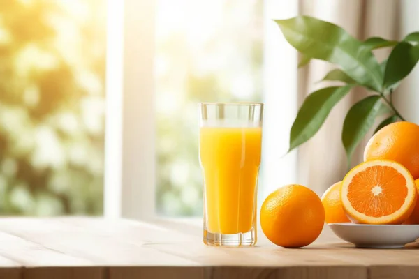 Glass Orange Juice Next Fresh Oranges Kitchen Blurred Background High Стокова Картинка