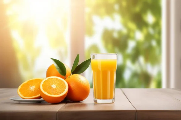 Glass Orange Juice Next Fresh Oranges Kitchen Blurred Background High Imágenes De Stock Sin Royalties Gratis