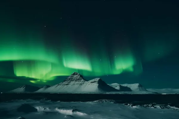 Aurora Borealis Shining Sky Snowy Landscape Iceland High Quality Photo Images De Stock Libres De Droits