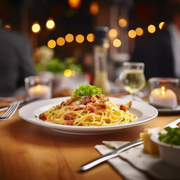Delicious Dish Homemade Spaguetti Carbonara Plate Table Italian Restaurant High Fotos De Stock
