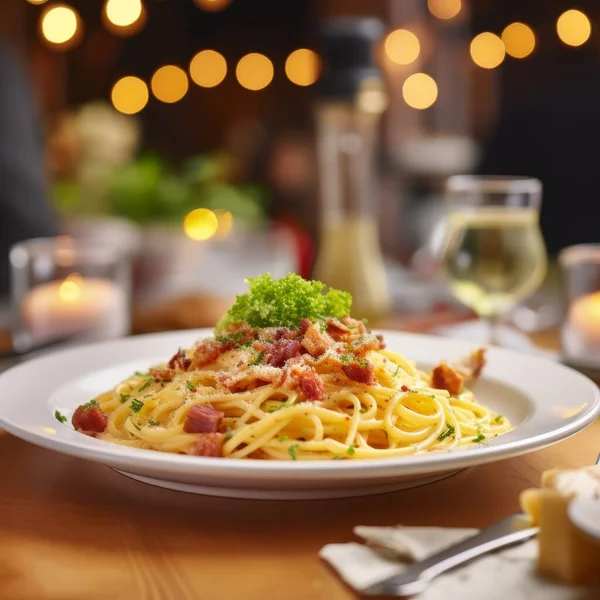 Delicious Dish Homemade Spaguetti Carbonara Plate Table Italian Restaurant High Photo De Stock