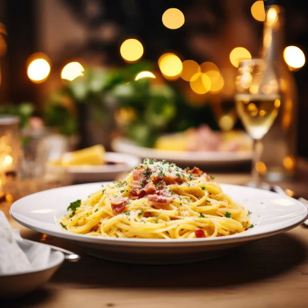Delicious Dish Homemade Spaguetti Carbonara Plate Table Italian Restaurant High Imagen De Stock