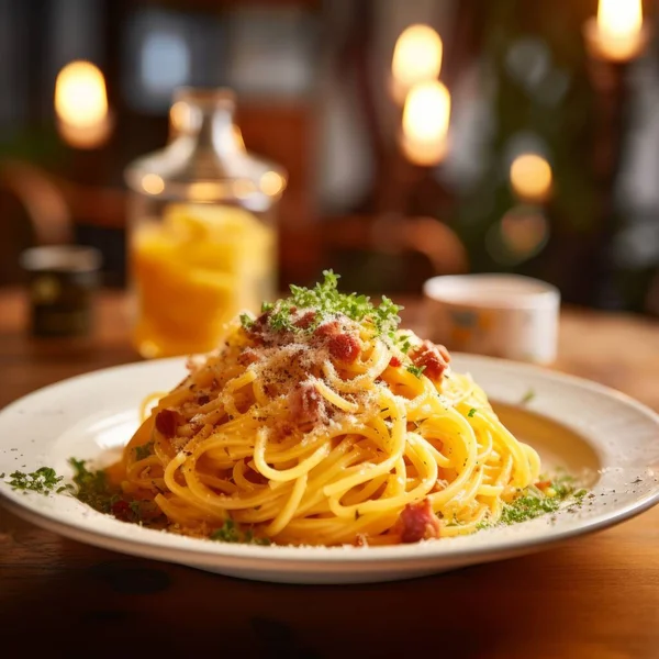 Delicious Dish Homemade Spaguetti Carbonara Plate Table Italian Restaurant High Fotos De Stock Sin Royalties Gratis