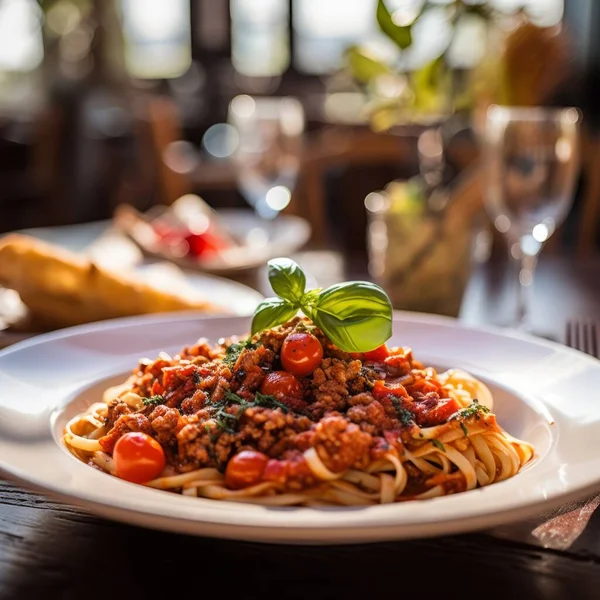 Delicious Dish Homemade Spaguetti Bolognese Plate Table Italian Restaurant High Стокова Картинка
