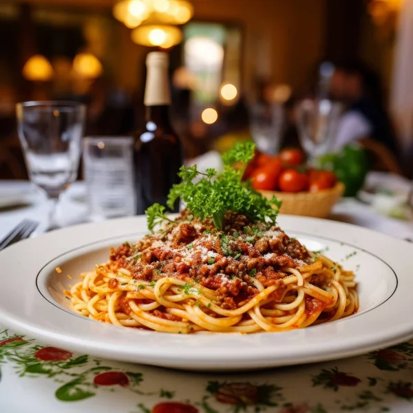 Delicious Dish Homemade Spaguetti Bolognese Plate Table Italian Restaurant High Ліцензійні Стокові Фото