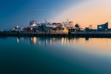 Nightlights of illuminated Marina of Ronne Ferry terminal . Bornholm island, Denmark. Longexposure photography.