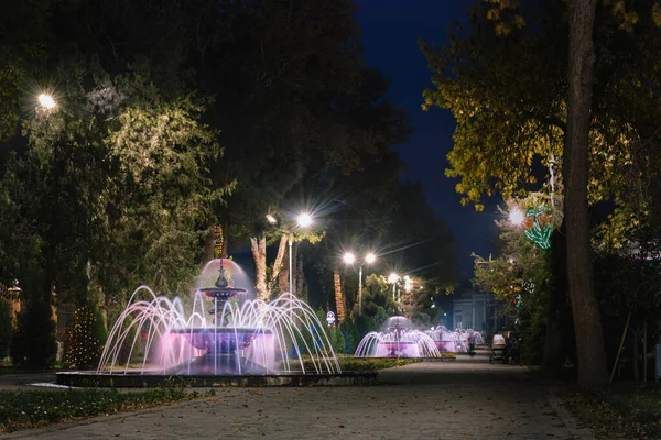 美しい夜の照明 音楽噴水 動きのある公園カマルKhudzhandi路地は人々をぼやけています そうだ タジキスタンのクジャンド — ストック写真