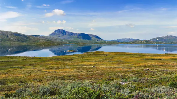 Letnia Sceneria Panoramiczna Parku Narodowym Jotunheimen Norwegii Górach Jeziorze — Zdjęcie stockowe
