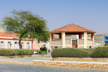 Avuç içi ve tropikal renklerle dolu canlı Sal Rei yolunda sakin bir gün. Yüksek kalite fotoğraf