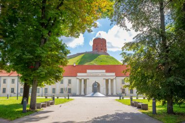 Vilnius Ulusal Müzesi, arka planda Gediminas Kulesi olan yemyeşil ağaçlar tarafından çerçevelenmiştir. Vilnius, Litvanya