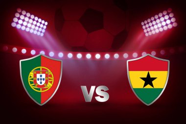 Portekiz, Gana 'ya karşı Gana Futbol Maçı sahasının arkasında mor ve toplu stadyum ışıklarının 3D yansıması var. Futbol maçı arka plan illüstrasyonu