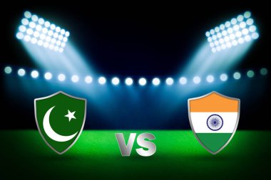 Pakistan-Hindistan kriket karşılaşması için stadyumun 3 boyutlu yorumlanması pankart ve poster şampiyonluğu şablonu