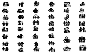 Aile ve İlişki Simgeleri Koleksiyonu. Ebeveynlerin, çocukların, çiftlerin, yaşlıların, gebeliğin, annenin, sosyal hizmetlerin, toplum desteğinin, ebeveynliğin, siyahi siluetin resimlerinin kabartması