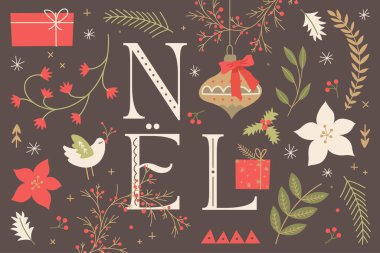 Çiçeklerle el çizimi Noel arkaplanı vektör tasarımı illüstrasyonları