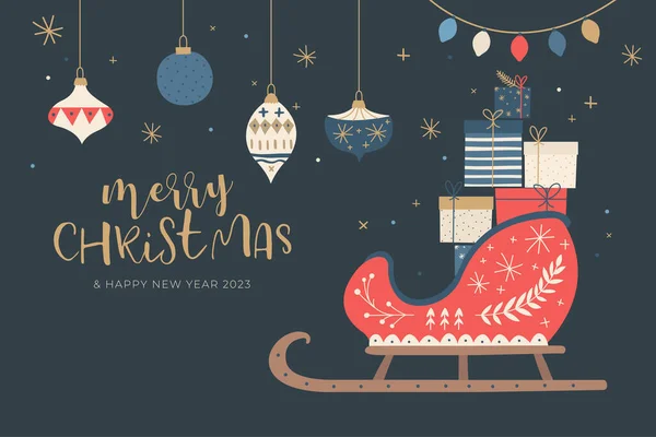 Hand Gezeichnet Weihnachten Hintergrund Mit Schlitten Geschenke Vektor Design Illustration — Stockvektor
