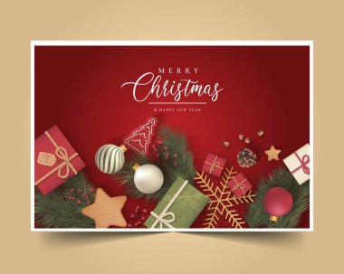 şirin süslemeleri olan gerçekçi Noel arkaplanı tasarım vektörü çizimi