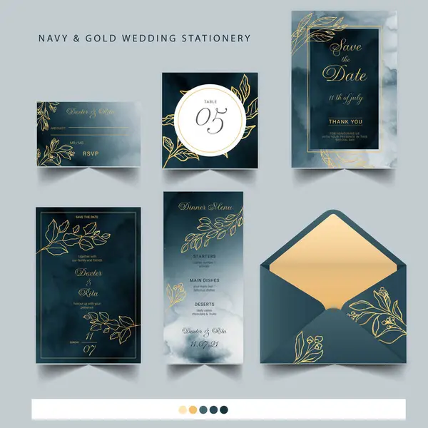 Navy Gold Wedding Stationery Modello Disegno Vettoriale Illustrazione Illustrazione Stock