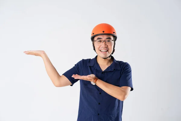Man Wearing Orange Helmet White Background — Stock Photo, Image