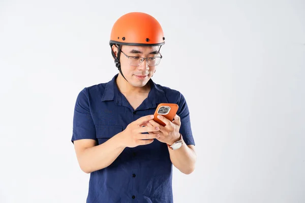 Man Wearing Orange Helmet White Background — Stock Photo, Image