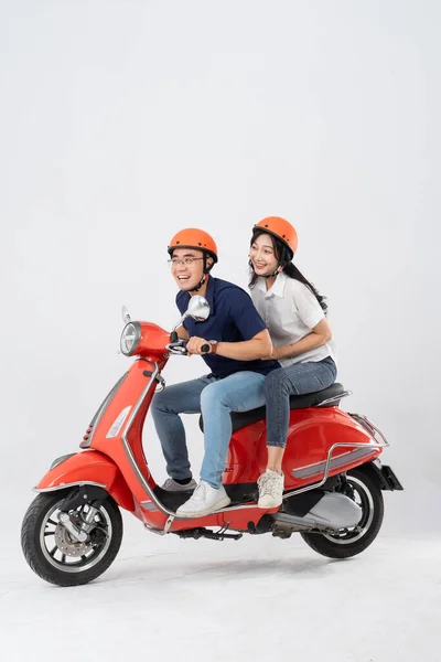 Image Asian Couple Riding Scooter White Background — Stock Photo, Image