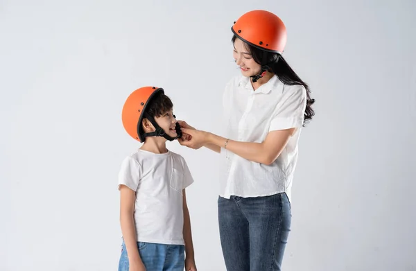 Mother Son Wearing Helmets Riding Motorbikes — Stock Photo, Image