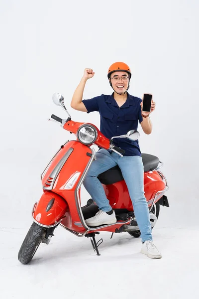 Full Body Photo Man Wearing Hairdresser Driving Motorbike — Stock Photo, Image