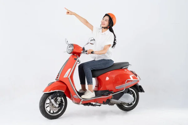 Full Body Photo Woman Wearing Hairdresser Driving Motorbike — Stock Photo, Image