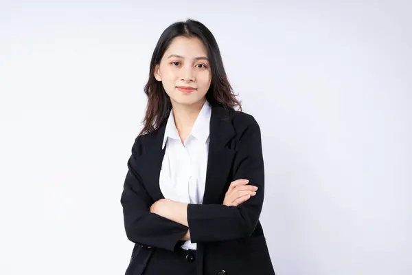 Retrato Una Joven Empresaria Vestida Traje Aislada Sobre Fondo Blanco —  Fotos de Stock