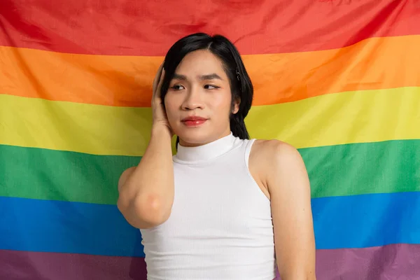 Imagen Hombre Gay Asiático Sosteniendo Una Bandera Arco Iris Posando —  Fotos de Stock