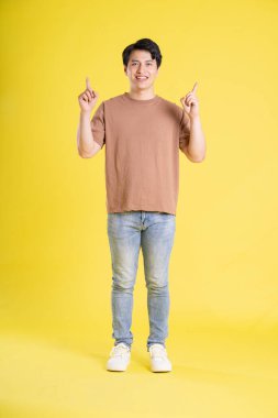 Sarı arka planda poz veren Asyalı adamın portresi