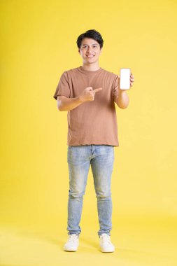 Sarı arka planda poz veren Asyalı adamın portresi