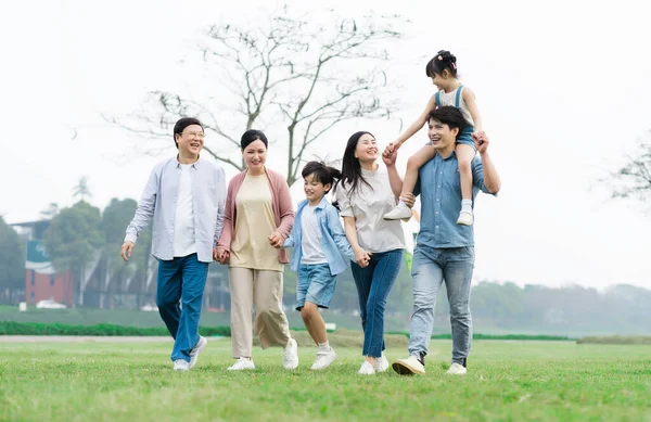 Parkta birlikte yürüyen Asyalı aile fotoğrafı.