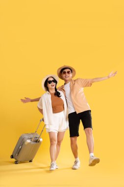 Sarı arka planda poz veren çift portresi, yaz, seyahat