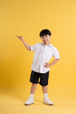 Sarı arka planda poz veren sevimli Asyalı çocuk portresi.