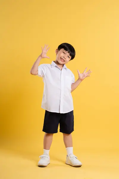 stock image Portrait of adorable asian boy posing on yellow background