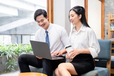 İki meslektaş parlak bir alanda dizüstü bilgisayara bakıp fikirlerini paylaşıyor ve çalışma alanlarının tadını çıkarıyor.