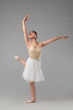 Bir balerin, gösterinin ortasında sivri ayakkabılar ve yumuşak gri bir arka fona karşı bir elbise giyerken yakalanır.