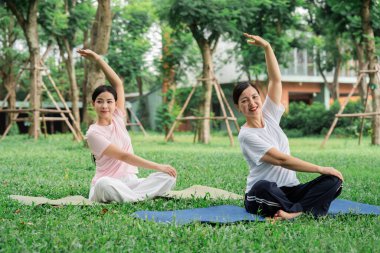 İki kadın, doğa ve ağaçlarla çevrili yeşil bir parktaki minderlerde yoga seansına katılıyor.