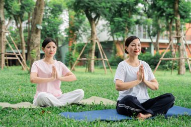 İki kadın parkta yoga yapıyor ve etraflarında bir sürü ağaç var.