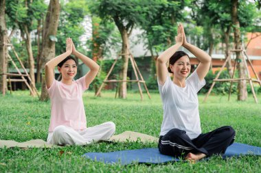 İki gülümseyen kadın, güneşli bir günde yoga yaparken yoga minderlerinde yan yana oturmaktan zevk alırlar.