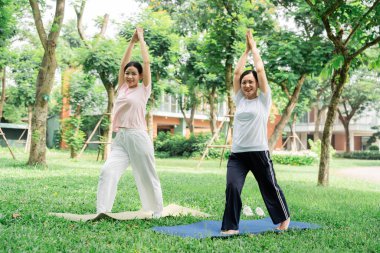 İki gülümseyen kadın, yeşil bir parktaki minderlerde yoga yapıyor ve ellerini kaldırarak sağlık hizmetlerini destekliyor.