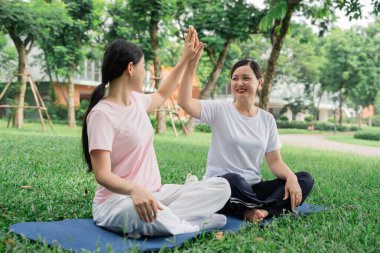 Spor kıyafetli iki gülümseyen kadın güneşli bir günde çimenli bir parkta beşlik çakıyor.