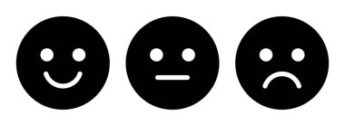 Mutlu, üzgün ve nötr emoji gülümsemesi siyah beyaz renk vektör illüstrasyonunda. Duygular pozitif, nötr ve negatif. Müşteri görüşü için puanlama gülümsemesi. Mutlu, üzgün gülen siluet seti.