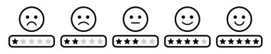 Müşteri geribildirim ve ürün deneyimi için siyah-beyaz yıldızlarla derecelendirme emojisi. Beş yıldızlı emoji ikonu seti. Yıldızlar çizgisi simgesiyle Emoji geri bildirim ölçeği. Beğeni emoji vektörü belirlendi.