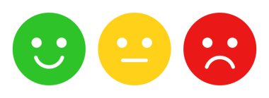 Mutlu, üzgün ve nötr emoji gülümsemesi yeşil, sarı ve kırmızı renk vektör çizimi şeklinde. Duygular pozitif, nötr ve negatif. Müşteri görüşü için puanlama gülümsemesi. Mutlu, üzgün gülümseme seti.
