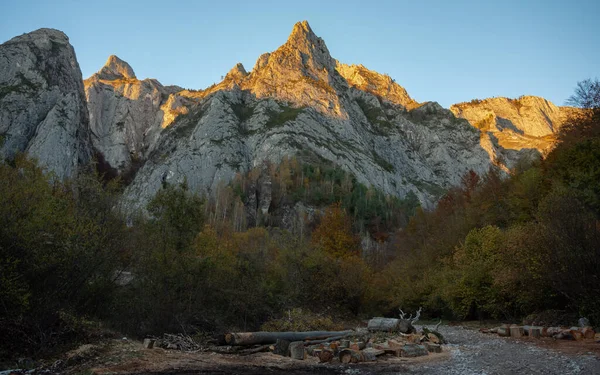 Eroded calcareous crests in Apuseni Mountains lit by a sunset's last sunlight. Below, a deforestation site with tree trunks and logs near a gravel road. Carpathia, Romania